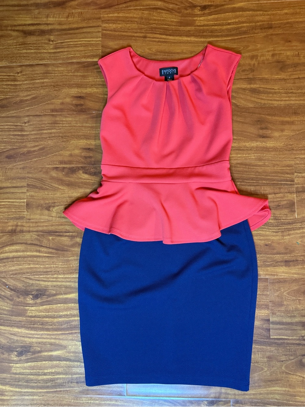 Enfocus Studio Coral Peplum Top with Navy Pencil Skirt